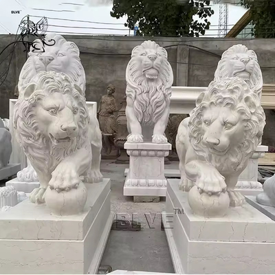 Marble Lion Statue Natural Stone Animals Sculpture Hand Carving Outdoor Garden Decoration