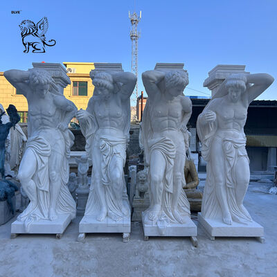 White Marble Man Statue Column Natural Stone Roman Columns Pillar Decorative Classic Building Design Luxury