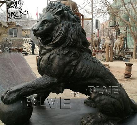 Large Black Bronze Lion Statue Metal Animal Garden Decoration With Ball