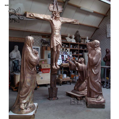 BLVE Bronze Jesus Cross Statues Christian Virgin Mary And Saint Sculpture Crucifixion Catholic Religious Metal Life Size