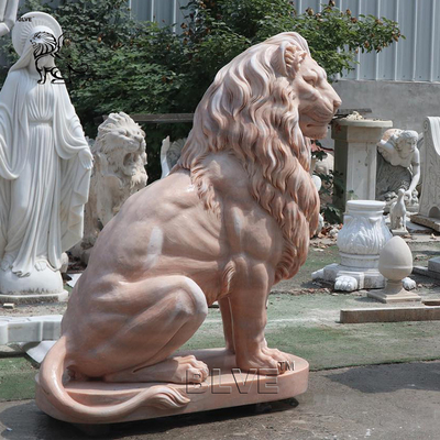 Red Marble Entrance Lion Statues Life Size Animal Sculpture Stone Carving Large Garden Outdoor Decoration