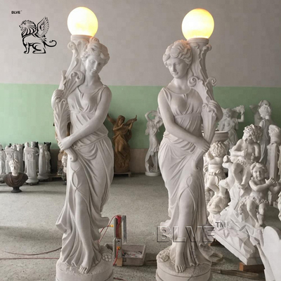 Marble Woman Statues Sculpture Floor Lamp Life Size White Stone Carving Garden Decoration