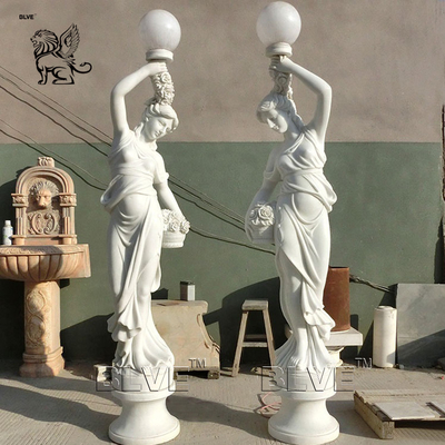 Marble Woman Statues Sculpture Floor Lamp Life Size White Stone Carving Garden Decoration