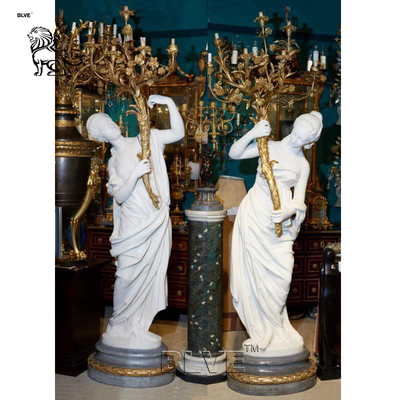 Marble Woman Statues Sculpture Floor Lamp Life Size White Stone Carving Garden Decoration