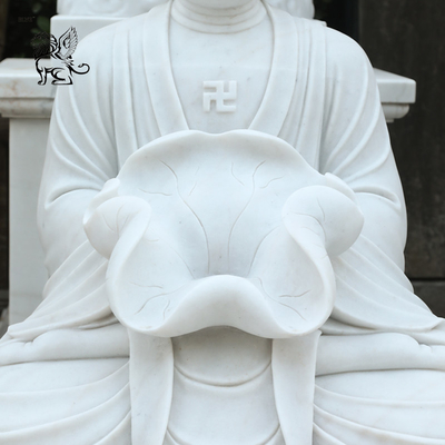 Sitting Meditation Marble Buddha Statue Home Decor Outdoor Fountain Stone Sculpture Holding Lotus Leaf Garden