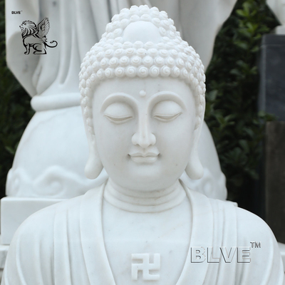 Sitting Meditation Marble Buddha Statue Home Decor Outdoor Fountain Stone Sculpture Holding Lotus Leaf Garden
