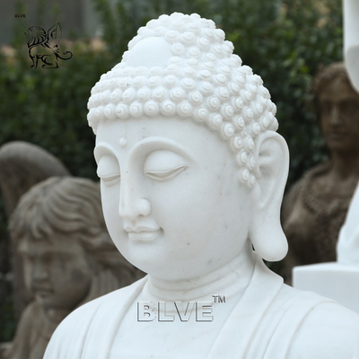 Sitting Meditation Marble Buddha Statue Home Decor Outdoor Fountain Stone Sculpture Holding Lotus Leaf Garden