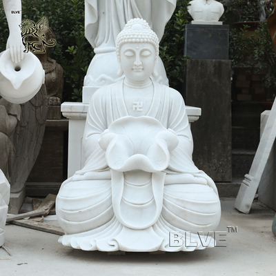 Sitting Meditation Marble Buddha Statue Home Decor Outdoor Fountain Stone Sculpture Holding Lotus Leaf Garden