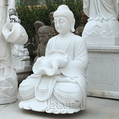 Sitting Meditation Marble Buddha Statue Home Decor Outdoor Fountain Stone Sculpture Holding Lotus Leaf Garden