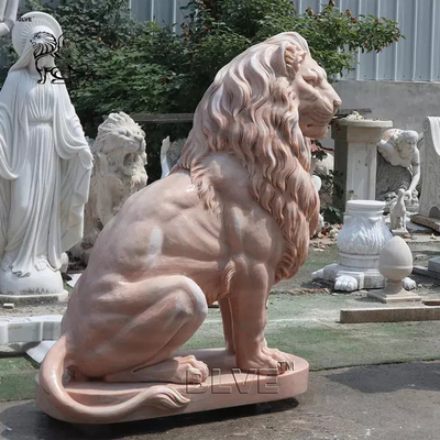 Sunset Red Marble Life Size Lion Statues Natural Stone Carving Garden Lions Sculpture Large Outdoor Entrance