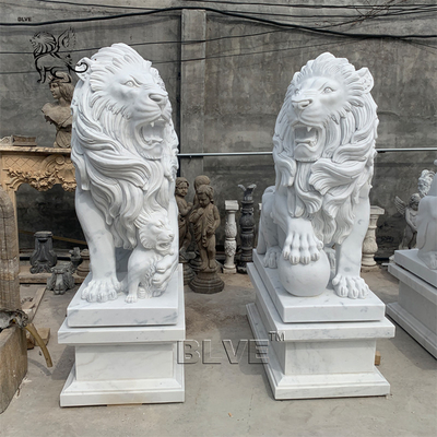 Entrance Marble Lion Statues Garden Life Size White Stone Carvings And Sculptures Decorative Outdoor