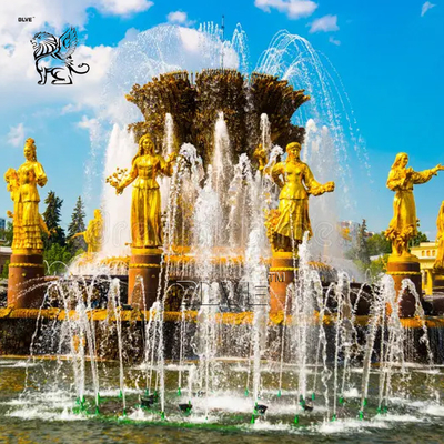 Large Bronze Friendship Fountain Water Feature Sculpture Outdoor Water Fountains Decoration Golden Garden