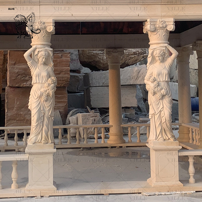 Beige Marble Gazebo Natural Stone Carving Women Pillars Pavilion Outdoor Large Garden Decoration Customized