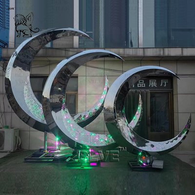 Abstract Mirror Moon Stainless Steel Sculpture Light Modern Home Design Waterscape Metal Statue Large Outdoor Garden
