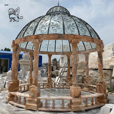 Sunset Red Marble Waterproof Gazebo Wedding Natural Stone Carving Roman Pillar Pavilion Outdoor Large Luxury