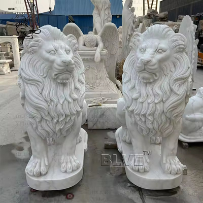 Marble Lion Statue Natural Stone Animals Sculpture Hand Carving Outdoor Garden Decoration