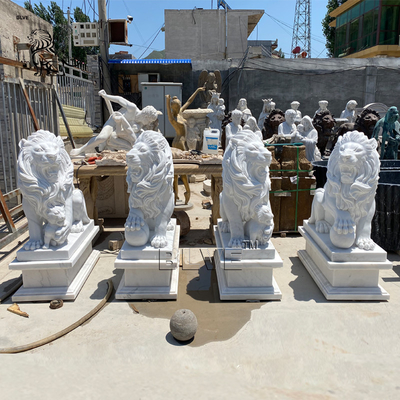 Marble Lion Statue Natural Stone Animals Sculpture Hand Carving Outdoor Garden Decoration