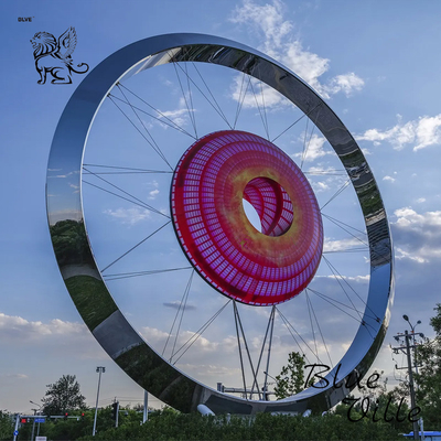 Giant Circular Mirror Stainless Steel Sculpture Large Landmarks LED Colorful Light Outdoor Custom