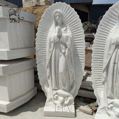 Marble Virgin Mary Statue Sculpture Golden Crown Catholic Religious Queen Statues White Stone Carving Life Size