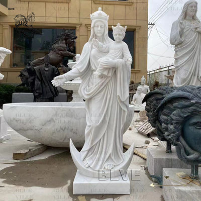 Marble Virgin Mary Statue Sculpture Golden Crown Catholic Religious Queen Statues White Stone Carving Life Size