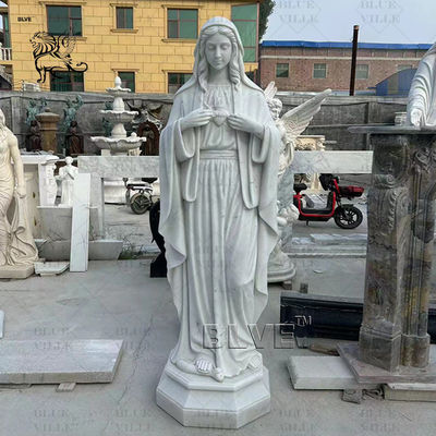 Marble Virgin Mary Statue Sculpture Golden Crown Catholic Religious Queen Statues White Stone Carving Life Size