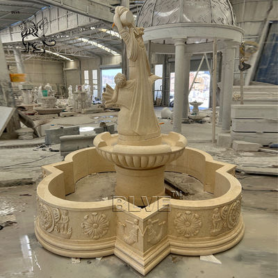 Marble Outdoor Fountains Life Size Greek Woman Pouring Water Fountain Sculpture Large Beige Stone Handcarved Garden