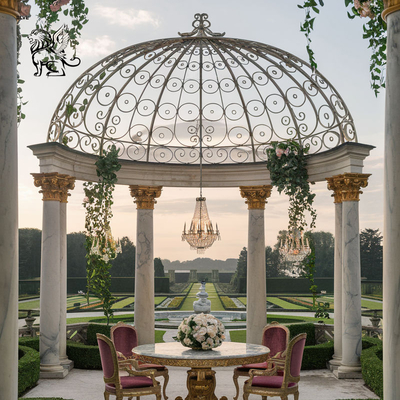 White Marble Columns Gazebo Luxury Iron Dome Garden Pavilion Hand Carved Patio Villa Landscaping Project