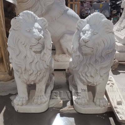 White Marble Roaring Lion Statues Western Style Entrance Animal Sculpture Outdoor Villa