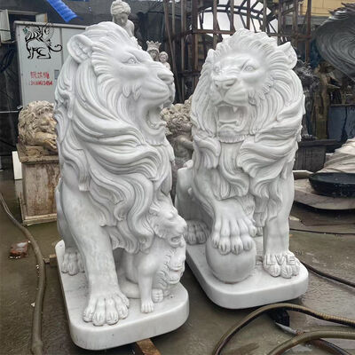 White Marble Lion Statue Life Size Fengshui Animal Stone Sculpture Handcarved Outdoor Garden Villa Hotel Entrance Design