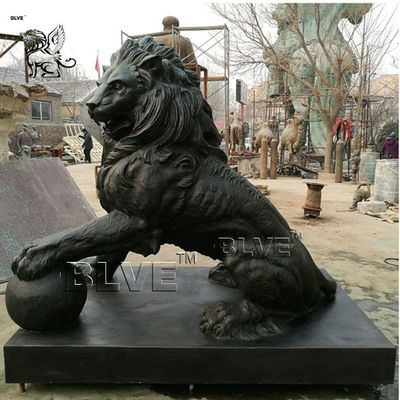 Large Black Bronze Lion Statue Metal Animal Garden Decoration With Ball
