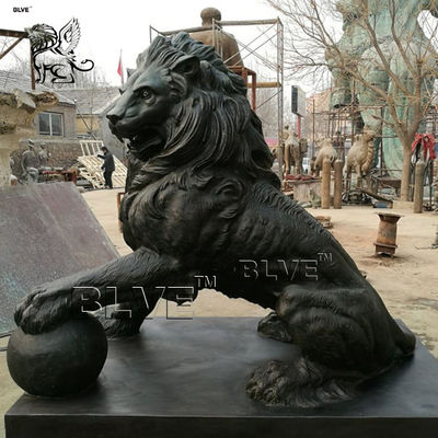 Large Black Bronze Lion Statue Metal Animal Garden Decoration With Ball