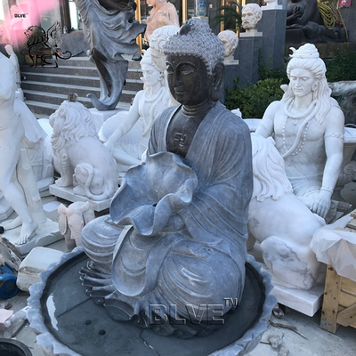 BLVE Garden Buddha Statue Water Fountain Black Natural Stone Handcarved Life Size Holding Lotus Leaf