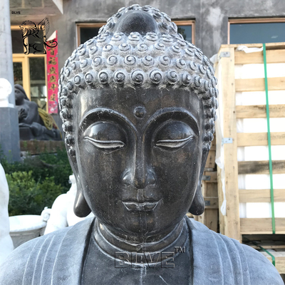 BLVE Garden Buddha Statue Water Fountain Black Natural Stone Handcarved Life Size Holding Lotus Leaf