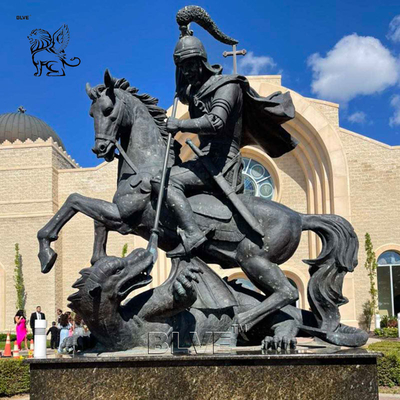 BLVE Bronze St.George Statue Large Catholic Religious Warrior Saint George Sculpture Riding Horse Dragon Life Size